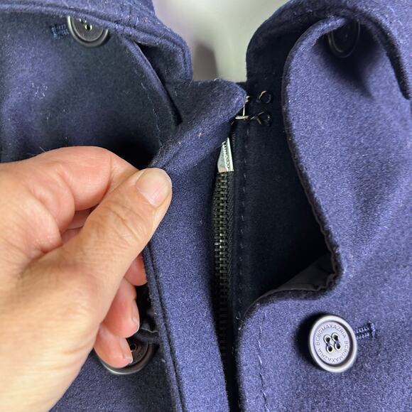 BCBG MaxAzria coat XS Pea Coat Military Ruffle Regal Royal Wool Spy Blue Trench - Picture 13 of 16